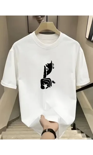 Rahat Bisiklet Yaka Tişört, Yaratıcı Karikatür Baskı - Yumuşak Polyester, Her Mevsim Giyilebilir- Beyaz