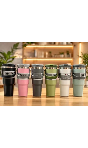 Renkli 700 ml Taşıma Kulplu Paslanmaz Çelik Termos Mug Bardak