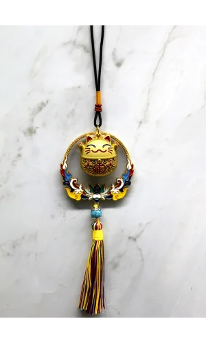 Renkli Püsküllü Şans Kedisi Feng Shui Askılık