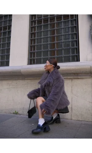 Salaş Sakallı Yumuşak Dokulu Yakalı Cepli Suni Kürk - füme