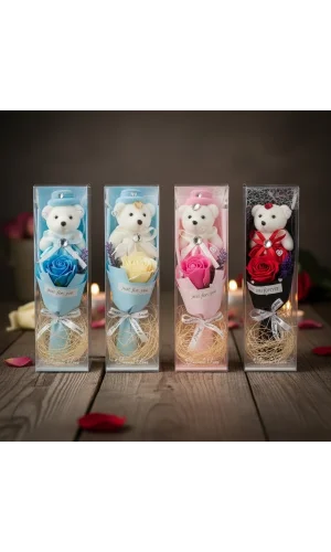 Şeffaf Kutulu Ayıcıklı Gül Buketi