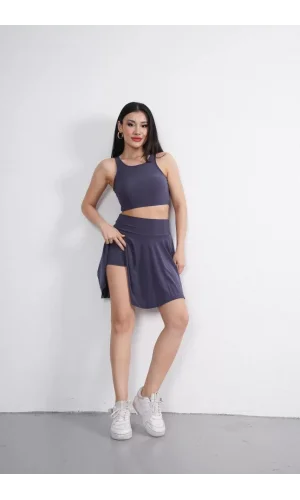 Sendy Kumaş Bisiklet Yaka Crop Şortlu Etek ikili Takım - Antrasit