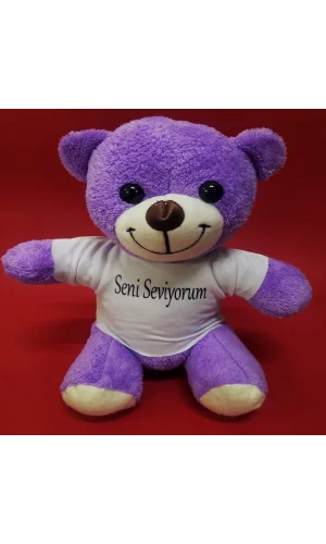 Seni Seviyorum Tişörtlü Mor Peluş Ayıcık