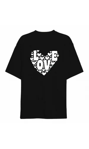 Sevgililer Günü İçin Özel Tasarım Love Kalp Baskılı T-shirt - Siyah