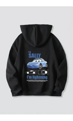 Sevgililer Günü Özel Kapüşonlu Araba Baskılı Oversize Sweatshirt - Siyah