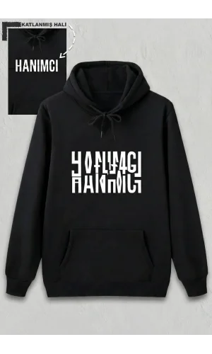 Sevgililer Günü Özel Kapüşonlu Hanımcı Baskılı Oversize Sweatshirt - Siyah