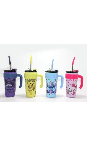 Sevimli Çizgi Film Karakterli Pipetli Termos