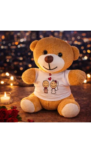 Sevimli Gelin Damat Tişörtlü Peluş Ayıcık