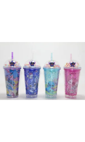 Sevimli Stitch Işıklı Pipetli Pullu Suluk Bardak 400 ml