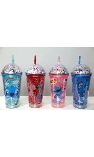 Sevimli Stitch Pipetli Işıklı Pullu Suluk Bardak 400 ml