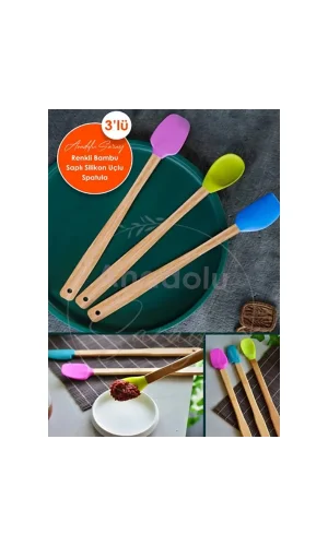 Silikon Uçlu Isıya Dayanıklı Bambu Spatula 3lü Set