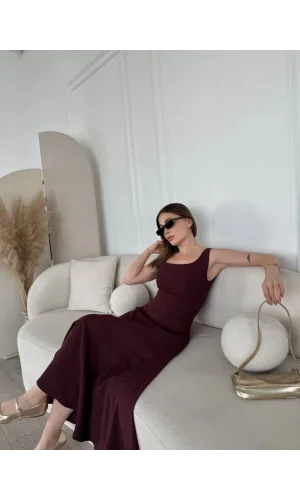 Sırt Dekolteli Kolsuz Uzun Elbise - Mürdüm