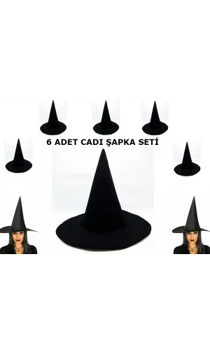 Siyah Cadı Şapkası Keçe Yetişkin Boy 6 Adet