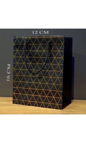 Siyah Geometrik Desenli Mini Boy Karton Hediye Çantası