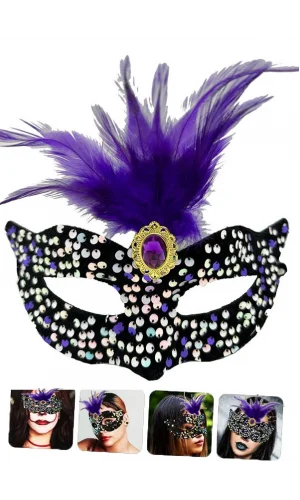 Siyah Kadife Payetli Pullu Mor Tüylü Parti Maskesi