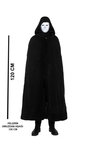 Siyah Kapüşonlu 120 cm Pelerin ve Beyaz Boyanabilir Tam Yüz Maske