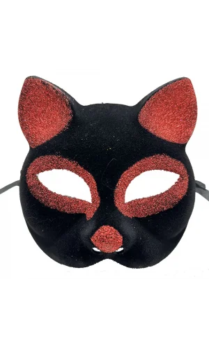 Siyah Kırmızı Simli Süet Kedi Maskesi