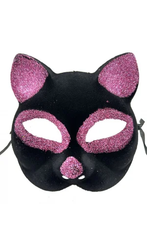 Siyah Renk Pembe Simli Kedi Maskesi