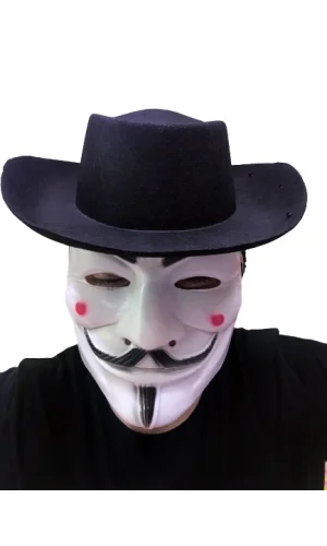 Siyah Renkli Delikli Çocuk Boy Vendetta Şapkası ve Vendetta Maskesi