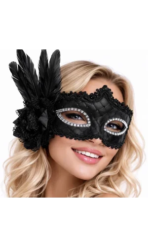 Siyah Tüylü Venedik Lüks Balo Maskesi