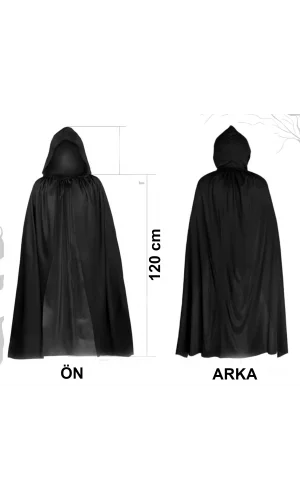 Siyah Uzun Pelerin 120 cm Kapüşonlu