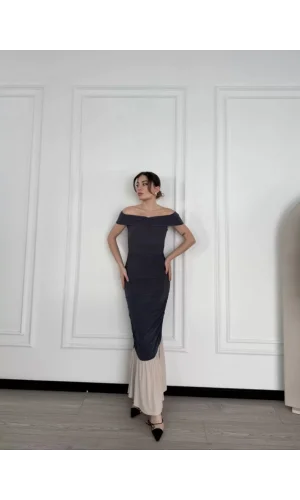 Striptiz Omuzlu Uzun Elbise- Füme