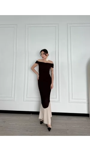 Striptiz Omuzlu Uzun Elbise- Kahve