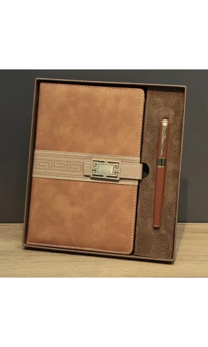 Taba Rengi Termo Deri Defter Ve Metal Roller Kalem Seti