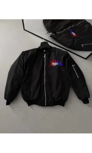 Tam Fermuarlı Uzun Kol Baskılı Bomber Ceket - Siyah