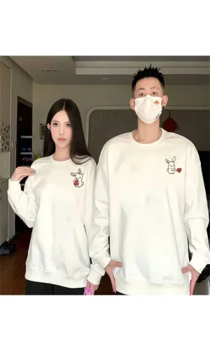 Tavşan Baskılı Sevgili Çift Kombini Kapüşonlu Sweatshirt & Hodie - Beyaz