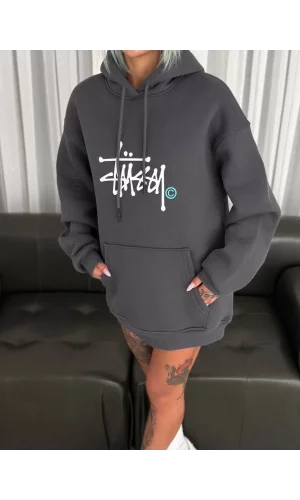 Üç İplik Kapşonlu Baskılı SweatShirt - Füme