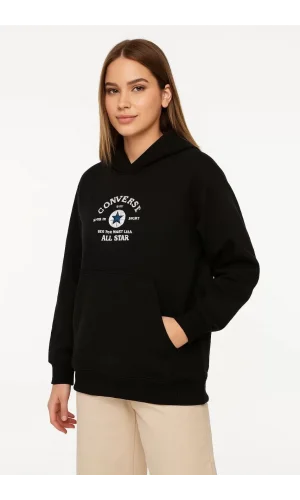 Üç İplik Kapşonlu ön ve Arka Baskılı SweatShirt hoodie- Siyah