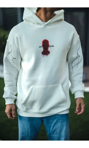 Üç İplik Kapüşonlu Baskılı Oversize SweatShirt- Beyaz