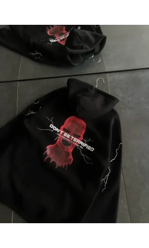 Üç İplik Kapüşonlu Baskılı Oversize SweatShirt- Siyah