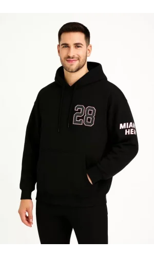 Üç İplik Kapüşonlu Ön ve Arka Baskılı SweatShirt hoodie - Siyah