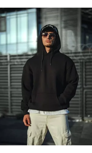 Üç İplik Penye Kapşonlu Basic SweatShirt - Siyah