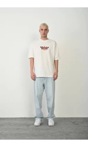 Unisex Baskılı Bisiklet Yaka Oversize T-Shirt - Beyaz