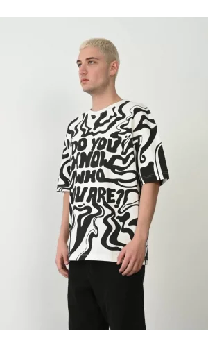 Unisex Baskılı Bisiklet Yaka Oversize T-Shirt - Beyaz