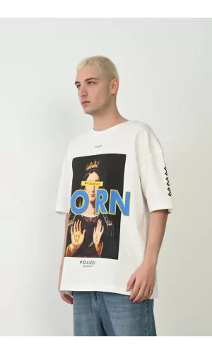 Unisex Baskılı Bisiklet Yaka Oversize T-Shirt - Beyaz