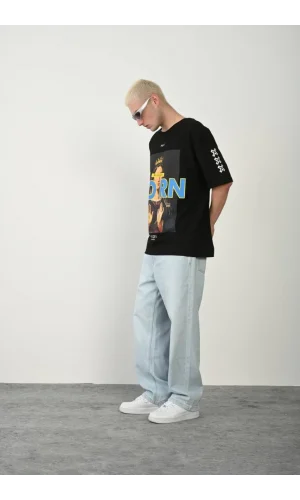 Unisex Baskılı Bisiklet Yaka Oversize T-Shirt - Siyah