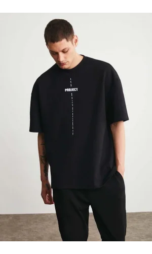 Unisex Baskılı Oversize Kısa kol  T-Shirt - Siyah