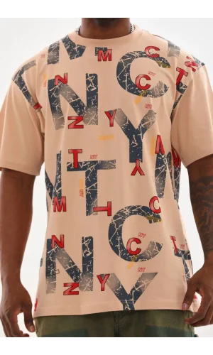 Unisex Baskılı Oversize T-Shirt - Bej