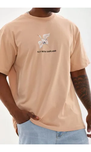 Unisex Baskılı Oversize T-Shirt - Bej