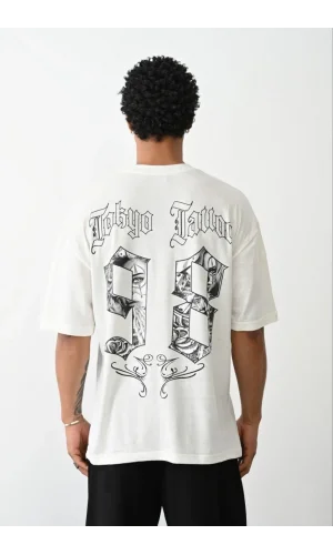Unisex Baskılı Oversize T-Shirt - Beyaz