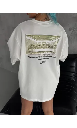Unisex Baskılı Oversize T-Shirt - Beyaz
