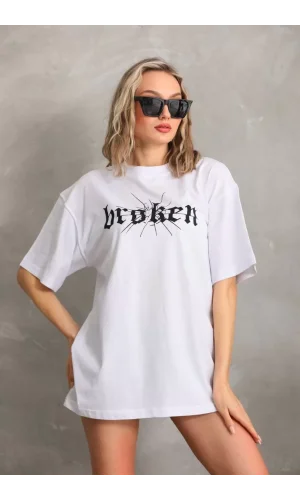 Unisex Baskılı Oversize T-Shirt - Beyaz