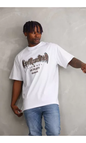 Unisex Baskılı Oversize T-Shirt - Beyaz