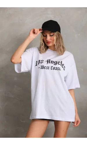 Unisex Baskılı Oversize T-Shirt - Beyaz