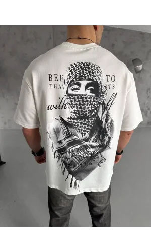 Unisex Baskılı Oversize T-Shirt - Beyaz