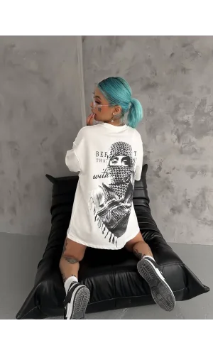 Unisex Baskılı Oversize T-Shirt - Beyaz